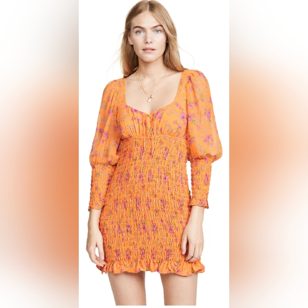 For Love & Lemons Peony mini dress retro floral bright tangerine smocked Revolve